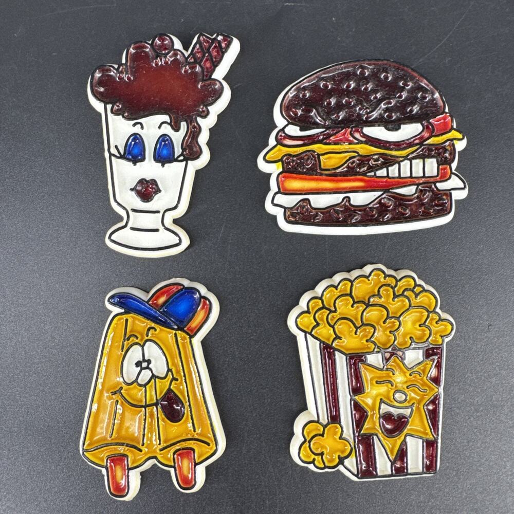 Lot of 4 MCM Fridge Magnets Melamine Food Coloring Book Style Black Outlines